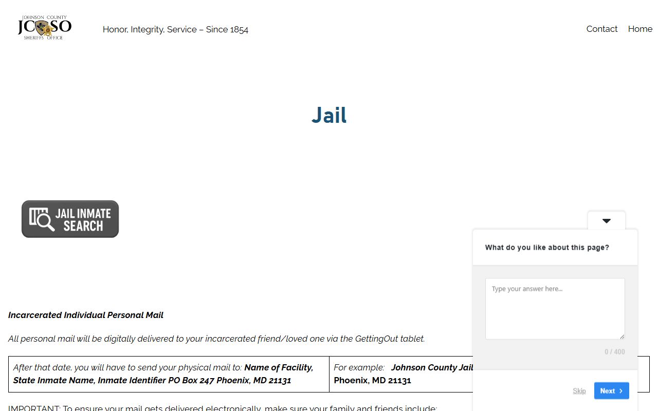 Johnson County Jail inmate mail and GettingOut tablet information