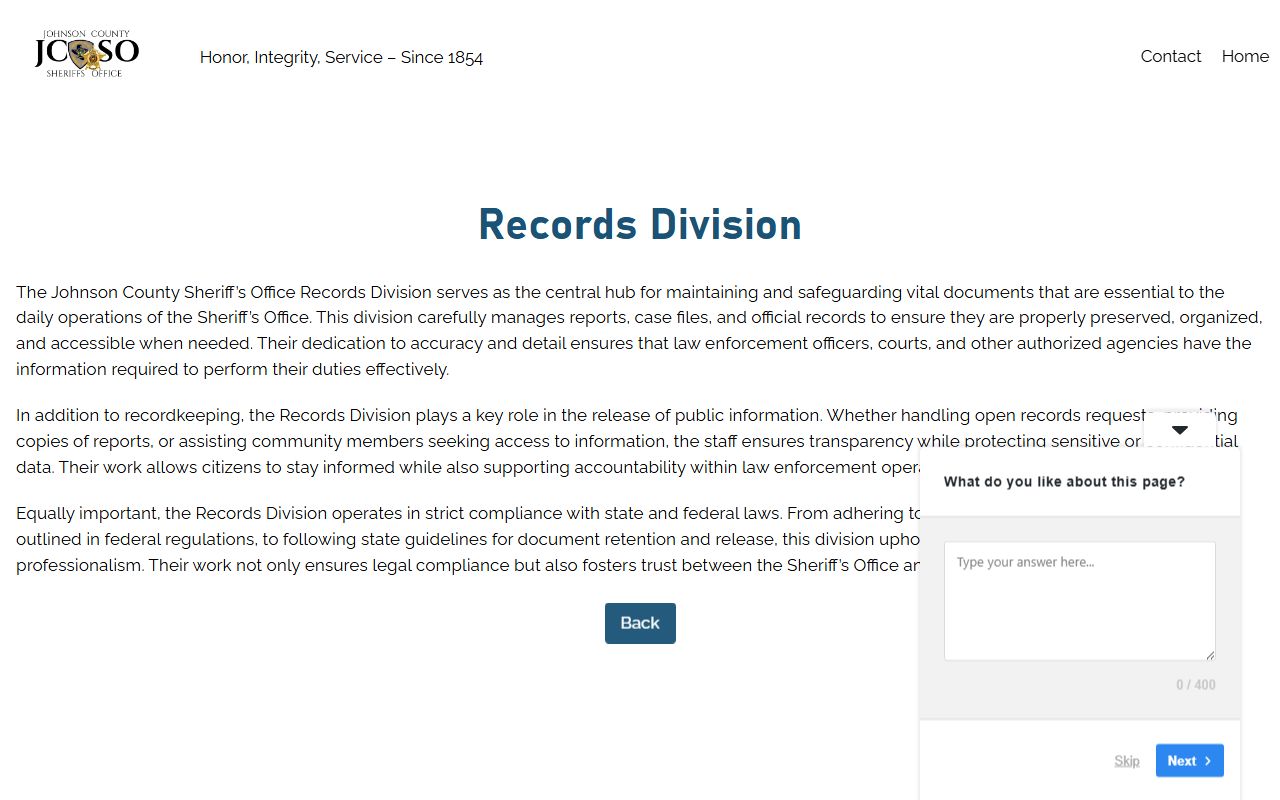 Johnson County inmate records through the sheriff records division
