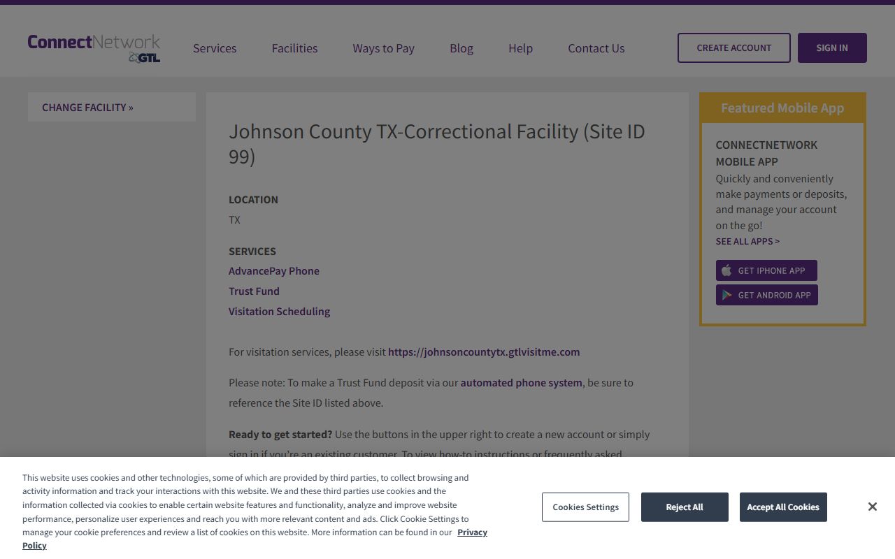Johnson County jail inmate phone trust fund and visitation services on ConnectNetwork