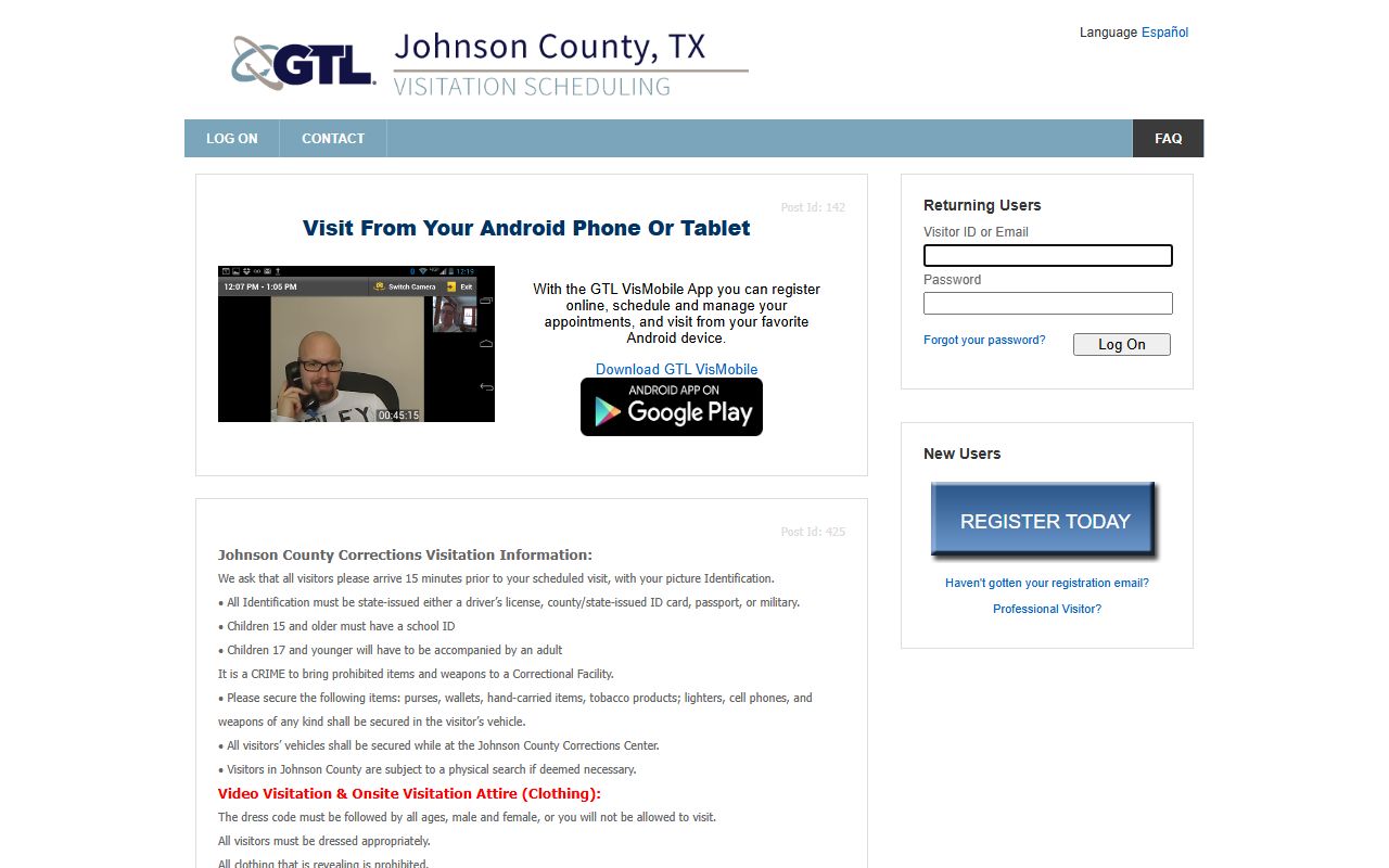 Johnson County inmate visitation scheduling portal