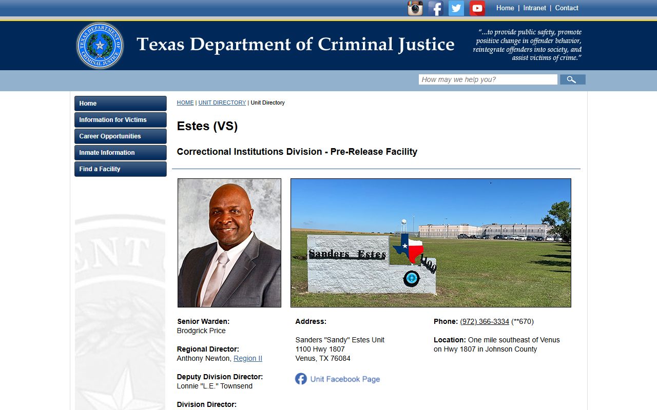 Sanders Sandy Estes Unit TDCJ inmate lookup and facility details